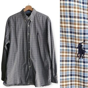 Ralph Lauren Men's Check Plaid Button Down Blue, White, and Brown Large